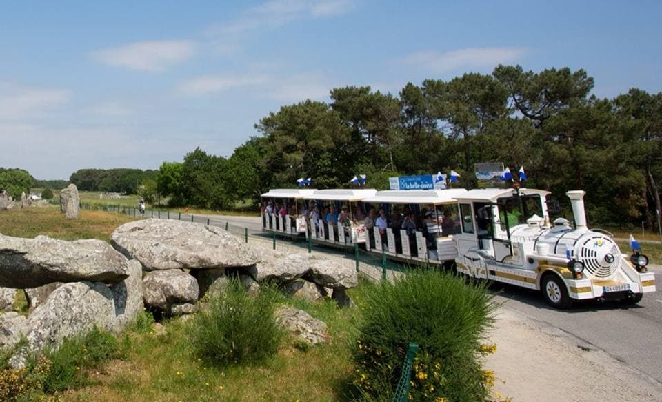 Petit train de Carnac devant les alignements de menhirs